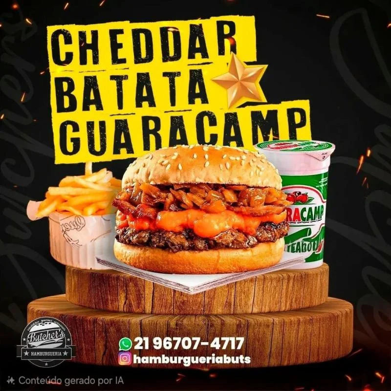 Cheddar, batata P, guaracamp. — HAMBURGUERIA BUTCHERS