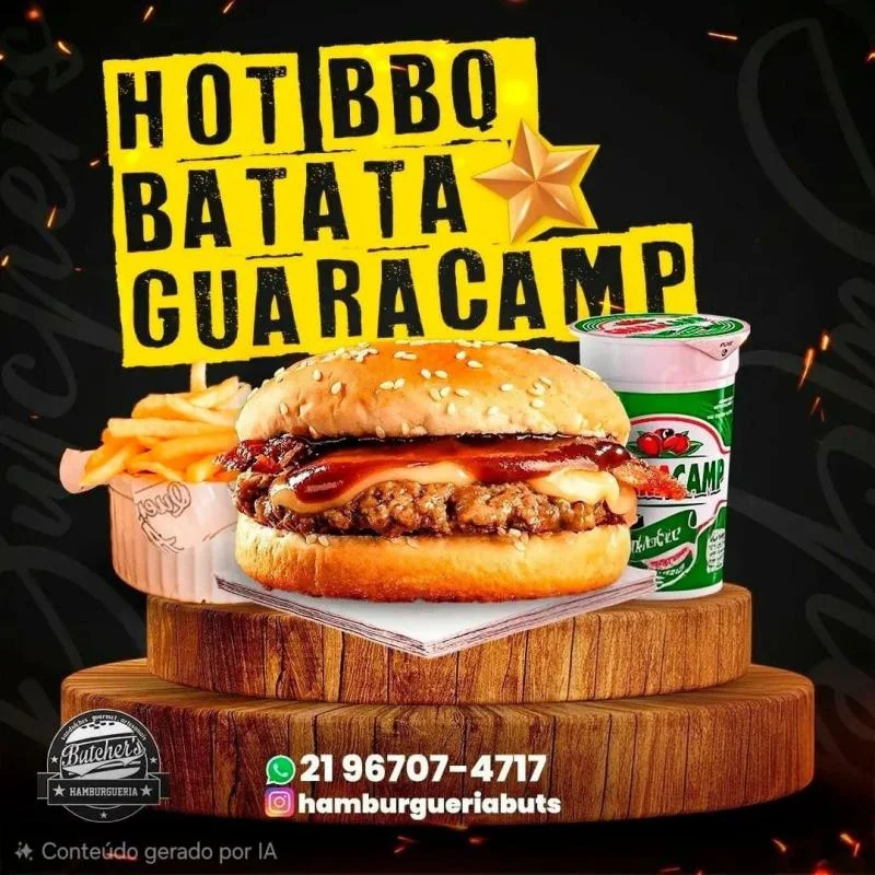 Hot BBQ, batata P, guaracamp. — HAMBURGUERIA BUTCHERS