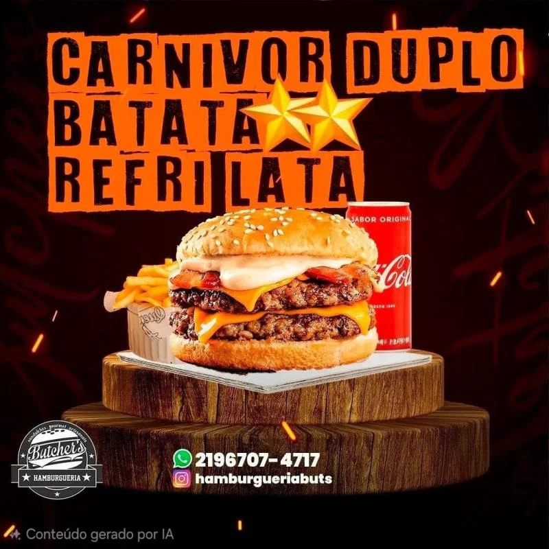 Carnivor Duplo, Batata P, Refri Lata — HAMBURGUERIA BUTCHERS