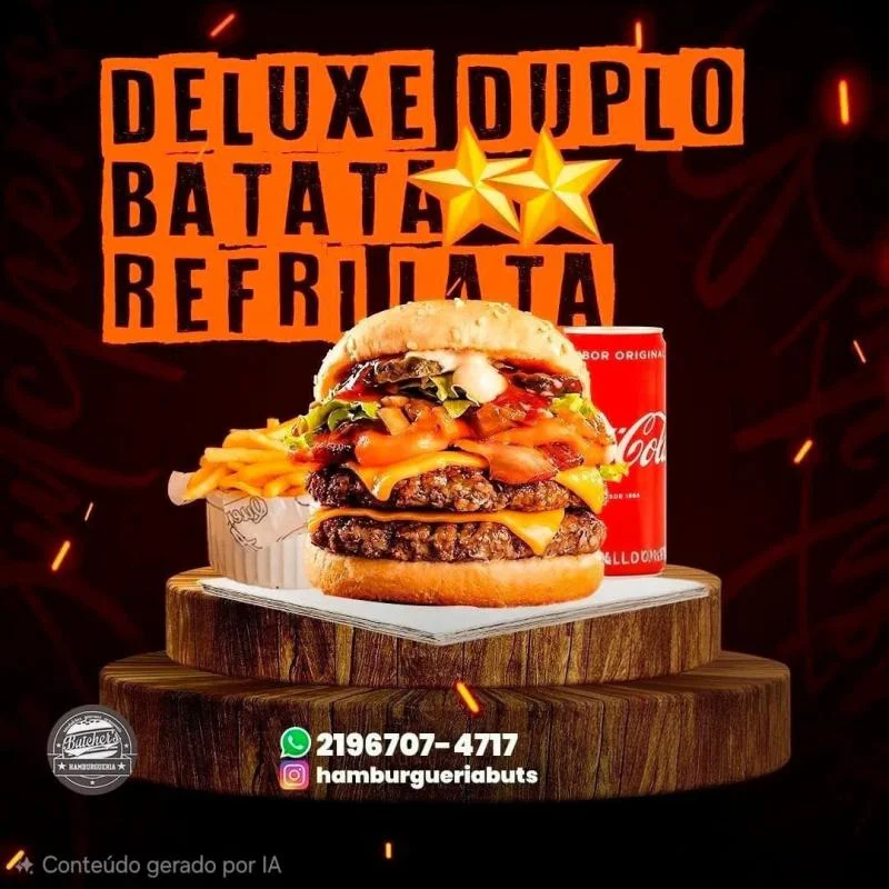 Delux Duplo, batata P, refri lata — HAMBURGUERIA BUTCHERS