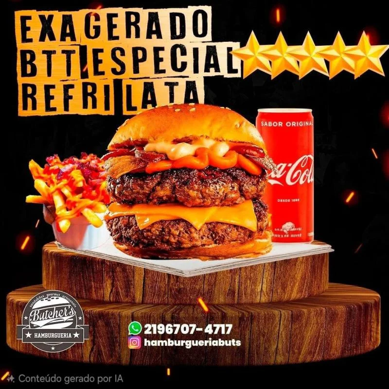 Exagerado, Batata P ESP, Refri Lata — HAMBURGUERIA BUTCHERS