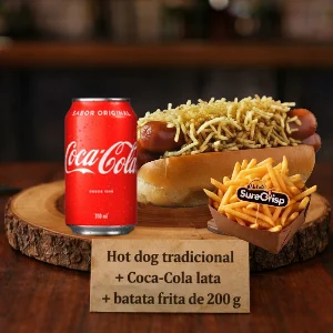 Combo Hot dog Tradicional + Fritas + Coca Cola Lata — Dogão da Sol